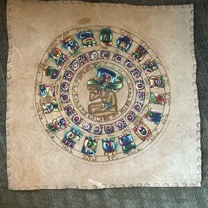 Mayan Calendar Hand Painted on Suede/ Leather EUC Art Tribal Signed Mexico Folk